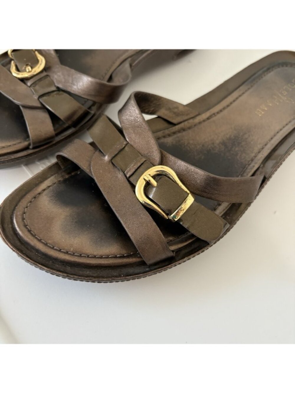 Cole Haan Brown Bronze Leather Slip On Buckle Sandals - Picture 2 of 15